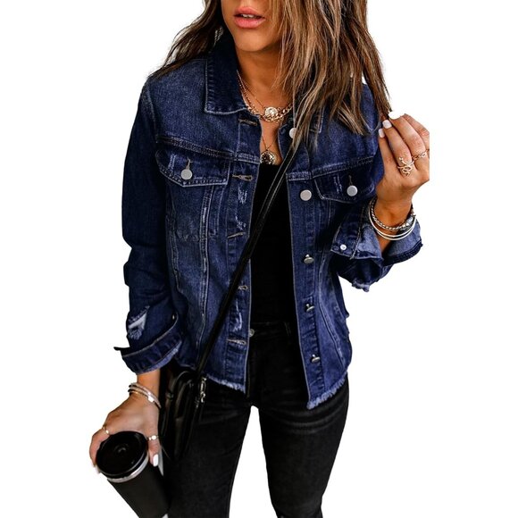 Brand New Women's A Dark Blue Cotton Necooer Distressed Button-Up Jean Jacket Bo - Picture 1 of 7